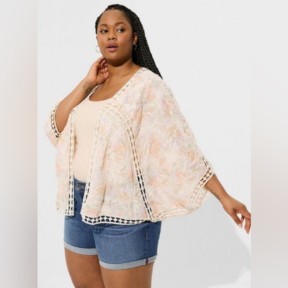 Torrid Crochet Lace Inset Kimono 100% Cotton Size 1X/2X NWT - Picture 2 of 12